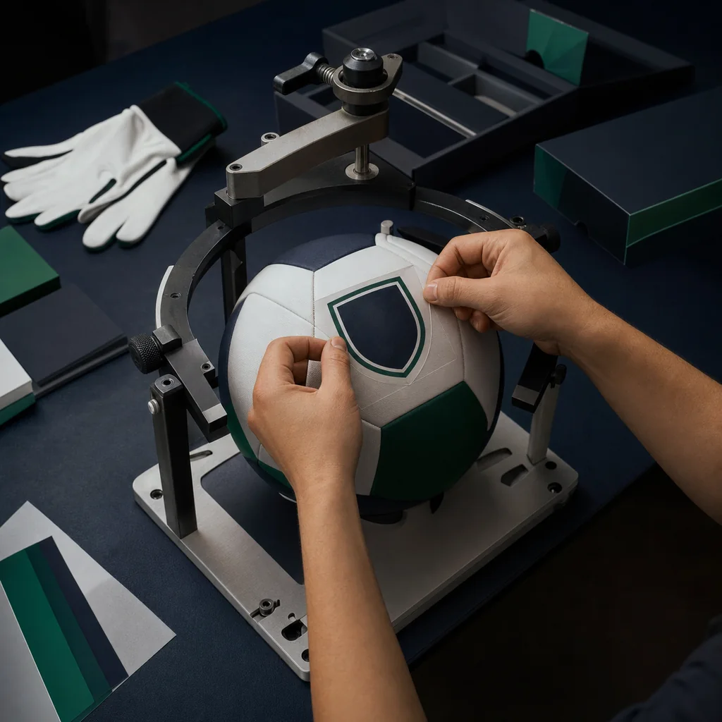 Illustrative view of an adult craftsperson preparing a blank crest transfer on a custom football