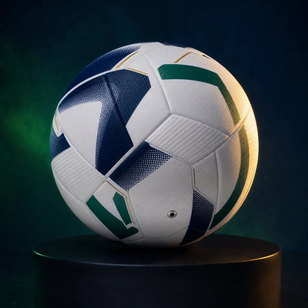 Original unbranded football in a navy, green, white and gold studio setting